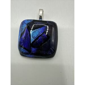 Art Glass Artisan Jewelry Necklace Pendant Blue Purple Square Iridescent Boho